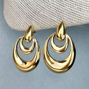 Vintage Napier Double Hoop Dangle Earrings, Gold Tone Door Knocker Wide Earrings